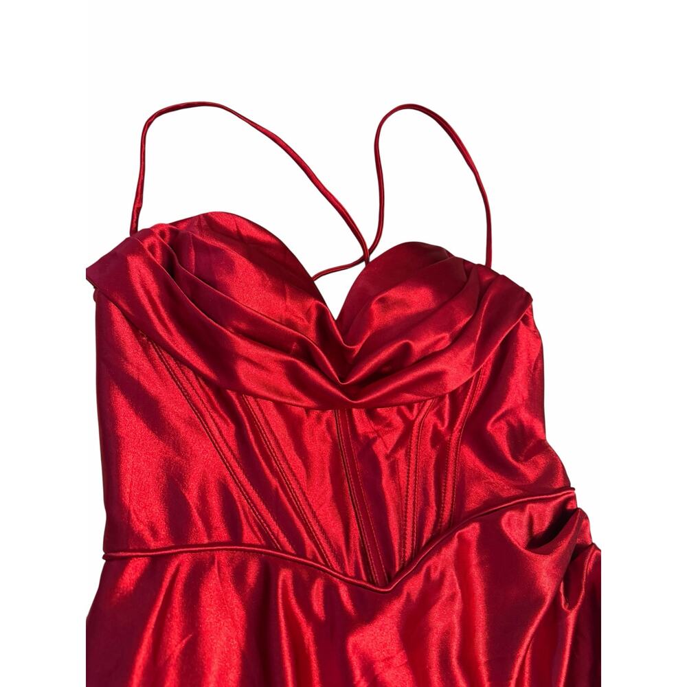 STACEES Red Satin Corset Gown Thigh-High Slit - Size 8 - Picture 9 of 16
